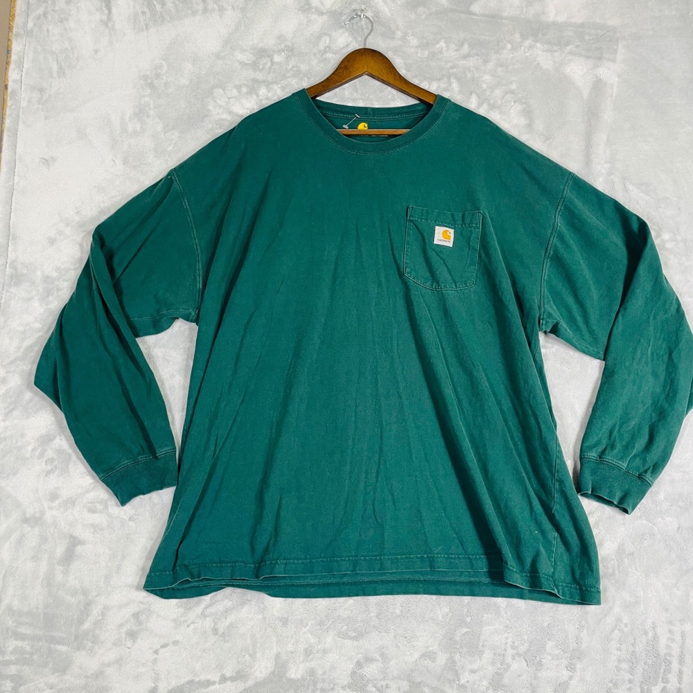 Carhartt Pocket T-Shirt Mens 2XL Green Excellent Long Sleeve Heavyweight Cotton